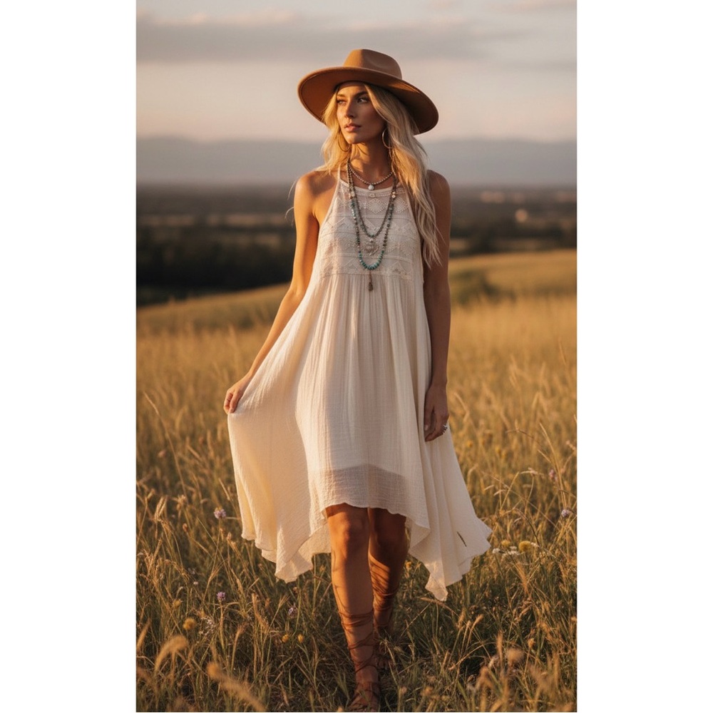 Vivid Collection Ivory Lace Crochet Boho Dress